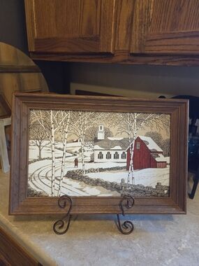 Rustic Winter Barn Print in Red & Brown Wood Frame
